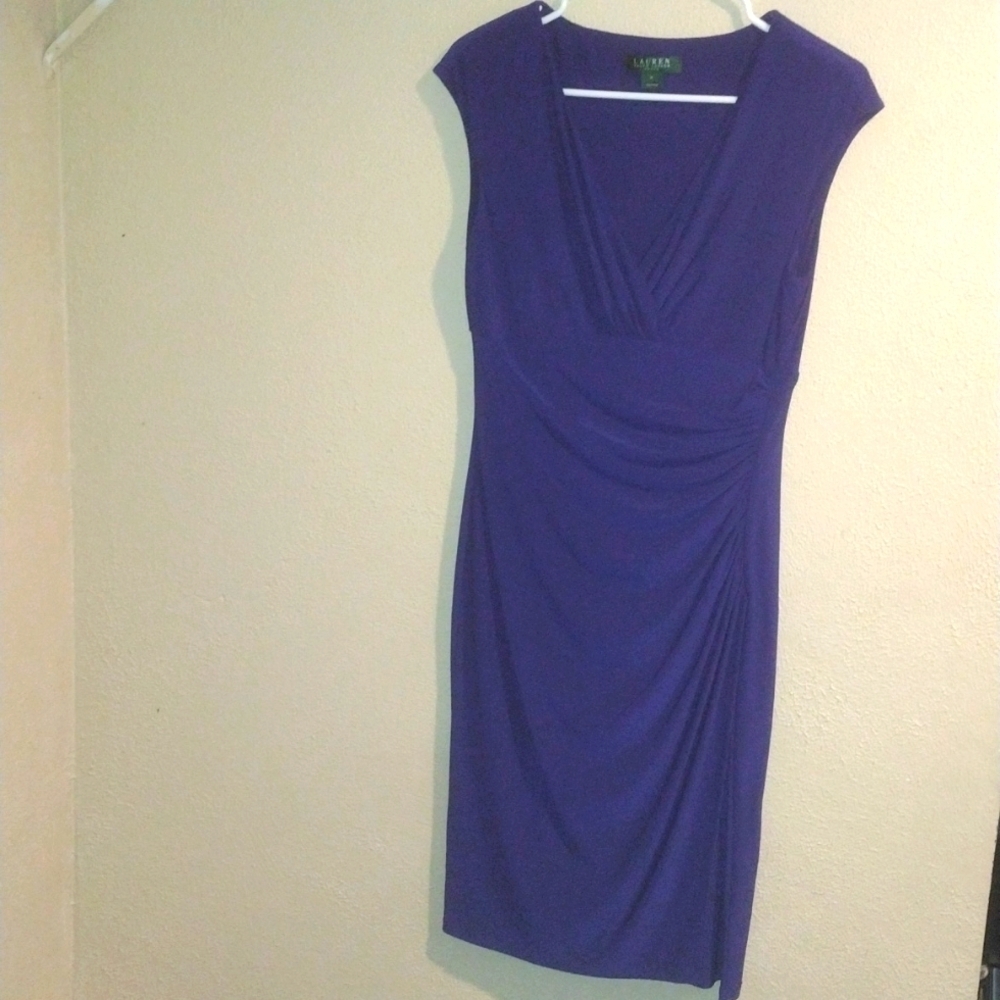 Royal Blue Lauren Ralph Lauren V Neck Cinched Waist Midi Dress 6